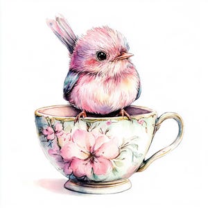 10 Clipart di uccellini carini in tazze da tè, stampe ad acquerello, download digitali in formato PNG, decorazioni per la casa fantasiose, album di ritagli, decorazioni da parete per la cameretta dei bambini