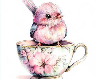 Bird in Teacup Watercolor Clipart, Whimsical Nursery Art (PNG Digital Download)