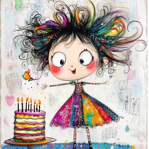 Ensemble de cliparts de fille mignonne de gâteau d'anniversaire original | Images lunatiques de partie pour le scrapbooking, anniversaire lunatique d'enfants de Digital Printables