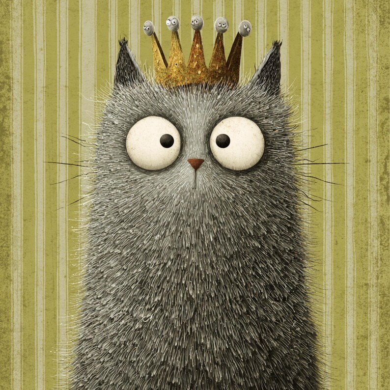 May include: A whimsical illustration of a gray cat with large, expressive eyes and a golden crown. The cat has a fluffy appearance and is set against a striped, olive-green background. The crown features small, smiling faces.