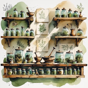 May include: Watercolor illustration of a rustic apothecary. Wooden shelves display various glass jars filled with herbs and plants. Mortar and pestles are also present, along with botanical prints, creating a vintage aesthetic.
