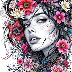 10 Boho Chic Floral Woman Face Line Art - Minimalistische Lady Portrait Wandkunst - Feminine Digital druckbare Kunstwerk für Haus oder Büro Dekor