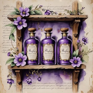 Może przedstawiać: Trzy fioletowe szklane butelki z korkami i ozdobnymi etykietami stoją na drewnianej półce, ozdobione fioletowymi kwiatami i zielenią. Butelki są oznaczone jako "Perfumy". Półka jest ustawiona na tle postarzanego papieru z pismem.