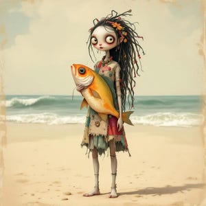 Op de afbeelding: Illustratie van een poppenachtig figuur dat een grote oranje vis vasthoudt op een zandstrand. Het figuur heeft lang zwart haar versierd met bloemen en draagt een patchwork jurk. De oceaan en de lucht zijn zichtbaar op de achtergrond.