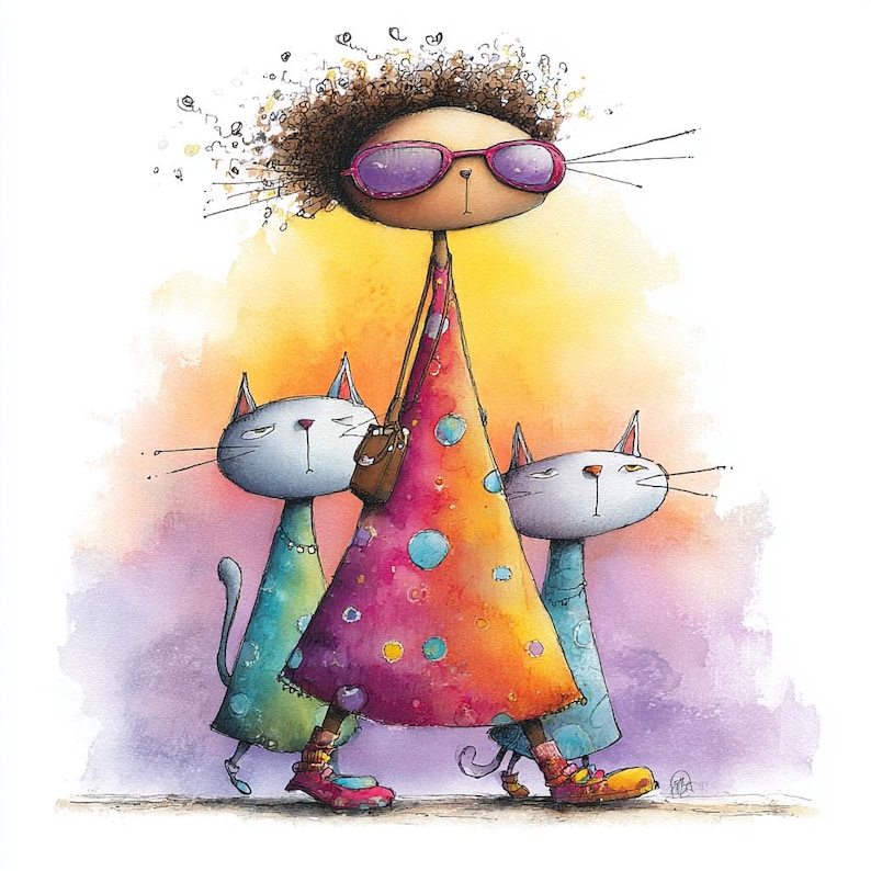 May include: A whimsical watercolour illustration featuring a cat-like character in a vibrant, patterned dress and sunglasses, accompanied by two similar figures. The dress is a mix of red, orange, and yellow with blue and pink polka dots. The background is a gradient of yellow, orange, and purple.