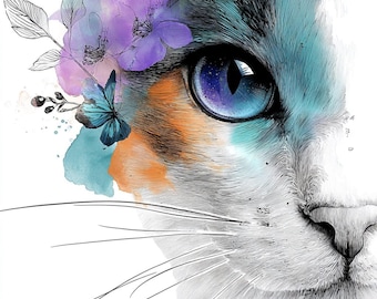 May include: A watercolor illustration of a cat's eye, featuring a vibrant blue iris and detailed whiskers. The cat's fur is a mix of orange, white, and blue hues, adorned with purple flowers and a blue butterfly, creating a whimsical and artistic design.