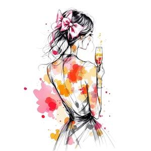 20 imágenes prediseñadas de dama moderna en acuarela, imágenes prediseñadas de champán, imagen imprimible de fiesta de celebración elegante, descarga digital de copa de champán, lazo rosa