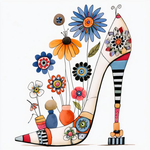 15 Whimsical Boot Vase Clipart PNG | Watercolor Folk Art Floral | Junk Journal Crafts