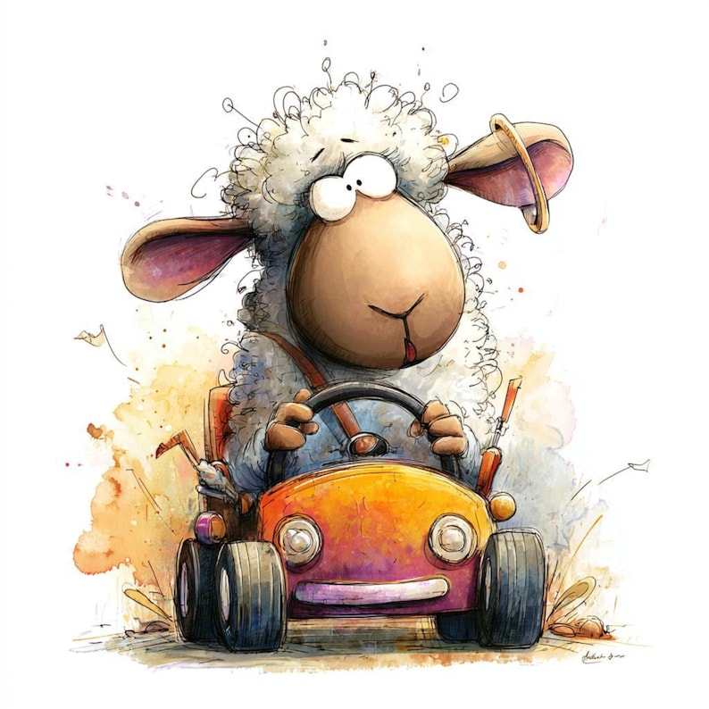 May include: A cartoon sheep with a fluffy white coat driving a small orange and purple car. The sheep is wearing a blue shirt and brown braces. The car has large black wheels. The image is a watercolour illustration.