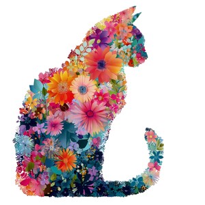 May include: A colorful illustration of a cat silhouette composed of various flowers. The flowers are in shades of pink, orange, yellow, blue, and purple, creating a vibrant and artistic design. The cat is sitting with its tail curled.