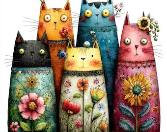 30 Watercolor Floral Cat Clipart (JPG) : Whimsical Vintage Art for Junk Journaling