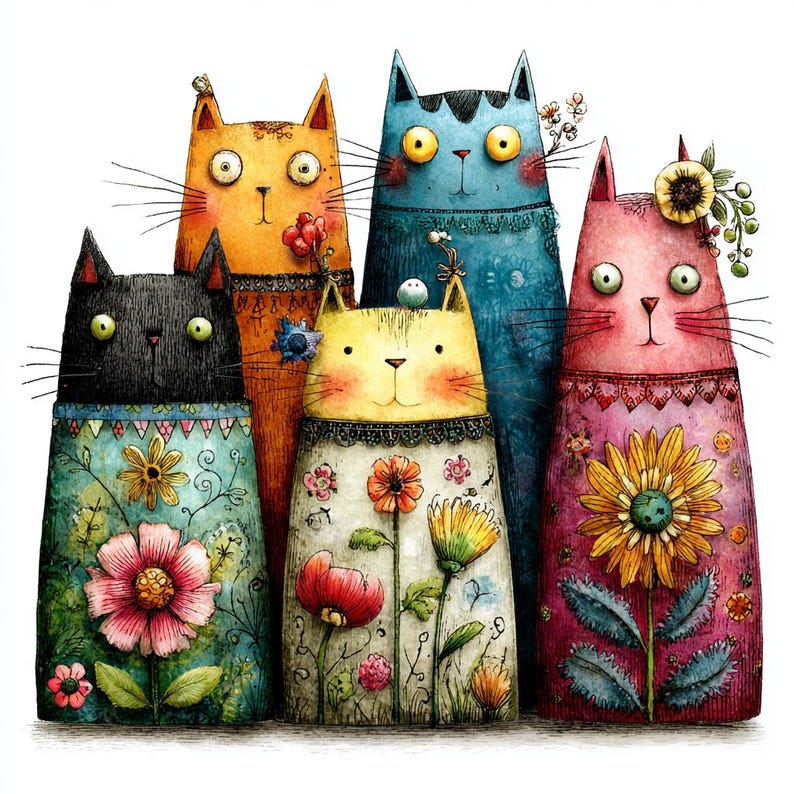 Pode incluir: Ilustra&ccedil;&atilde;o fantasiosa de cinco gatos estilizados. Cada gato tem uma cor &uacute;nica, incluindo preto, laranja, amarelo, azul e rosa. Os gatos s&atilde;o adornados com padr&otilde;es florais e detalhes decorativos, criando uma composi&ccedil;&atilde;o charmosa.