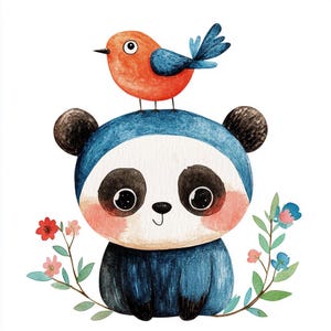 12 Clipart di panda acquerellati - Simpatici panda, uccelli e fiori JPG - Uso commerciale, download digitale, biglietto stampabile, condivisibile