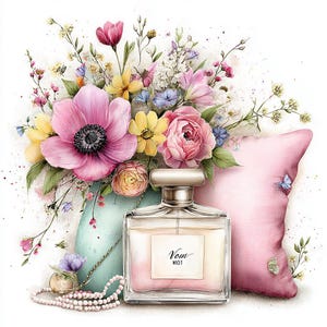 May include: Watercolor illustration of a perfume bottle with the text "Vom NIOT" next to a pink pillow and a bouquet of colorful flowers. A pearl necklace and small decorative bottle are in the foreground.