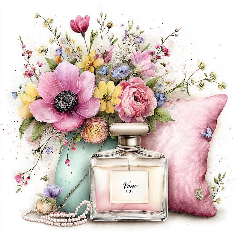 May include: Watercolor illustration of a perfume bottle with the text "Vom NIOT" next to a pink pillow and a bouquet of colorful flowers. A pearl necklace and small decorative bottle are in the foreground.