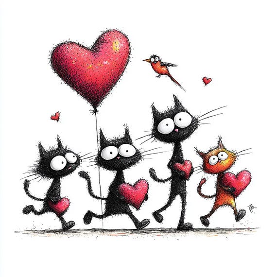 22 Whimsical Cat Love Clipart (PNG) : Valentine Heart Cats for Romantic Digital Gifts