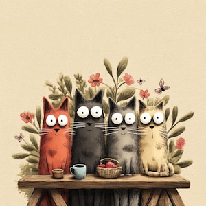 K&ouml;nnte beinhalten: Illustration von vier Cartoon-Katzen in Rot, Schwarz, Grau und Beige, jede mit gro&szlig;en Augen. Sie sitzen auf einer Holzoberfl&auml;che mit einem Korb mit &Auml;pfeln, einer blauen Tasse und Blumen. Schmetterlinge und Bl&auml;tter schm&uuml;cken den Hintergrund.