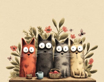 30 Watercolor Whimsical Cat Clipart (JPG) : Garden Cat Tree Art for Junk Journals & Scrapbooking