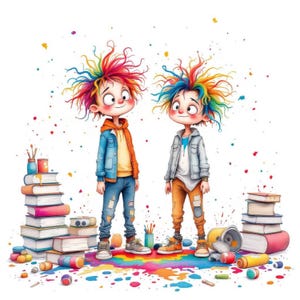 Ensemble de cliparts garçons stupides, 14 enfants aquarelles originaux avec des cheveux arc-en-ciel, art de la salle de jeux en désordre, téléchargement numérique pour création, décoration, impression d'art