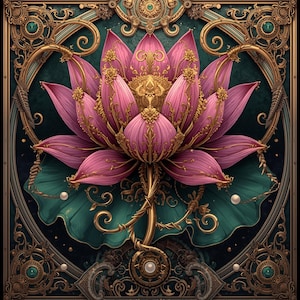 Könnte beinhalten: Detaillierte Illustration einer rosa Lotusblume mit goldenen Akzenten und aufwendigen Details. Die Blume ist vor einem dunkelblauen Hintergrund mit einem dekorativen Goldrahmen platziert, was ein luxuriöses und künstlerisches Design ergibt.