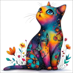 May include: A colorful illustration of a cat with a galaxy-themed body, adorned with flowers and butterflies. The cat is sitting and looking upwards, with a vibrant mix of colors including blue, orange, and purple. The artwork is detailed and whimsical.