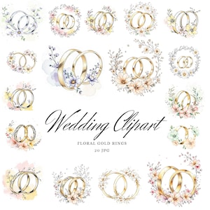 Floral Hochzeit Ringe Cliparts, 20 Aquarell Hand zeichnen Hochzeit Goldring, Heiratskarten, Verlobung Clip Art, druckbare Hochzeitseinladung