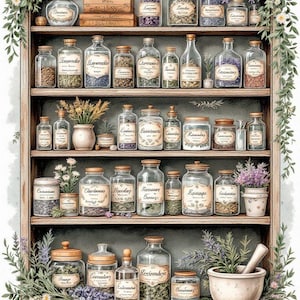 Bouteilles d'apothicaire vintage Clipart Art, 10 JPG aquarelles, décoration scrapbooking, imprimable, décoration de cuisine en téléchargement numérique, usage Commercial