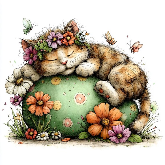 15 Watercolor Easter Lazy Cat Clipart Printable Spring Floral Digital Download