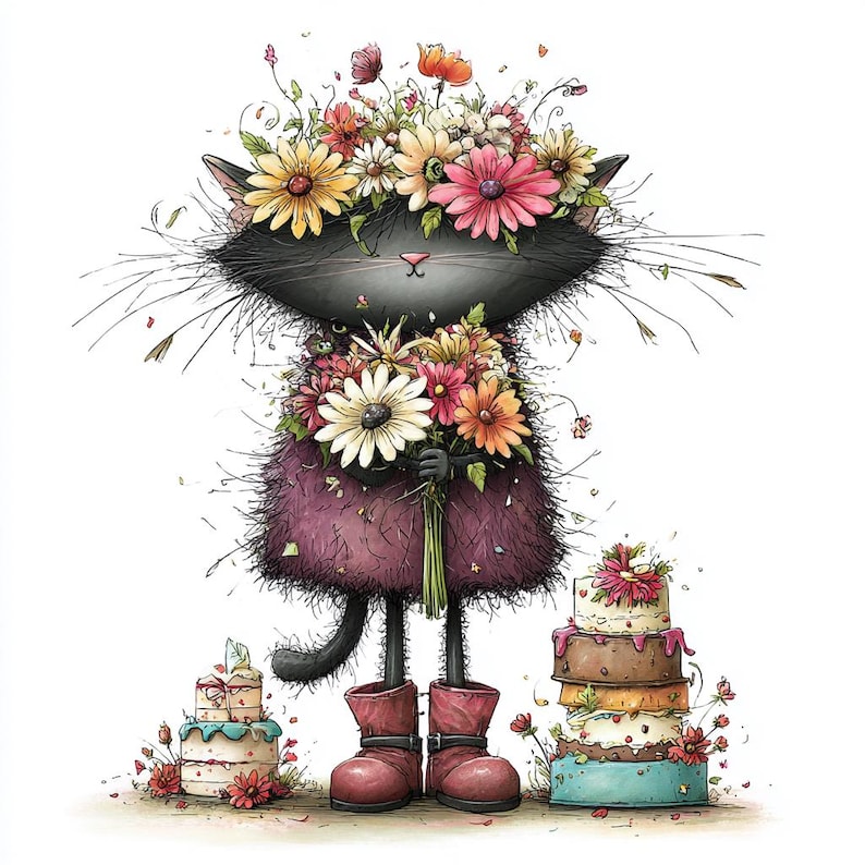 May include: A charming illustration of a black cat adorned with a floral crown and bouquet. The cat is wearing a purple outfit and red boots, with three decorated cakes. The artwork is in a watercolour style, with a whimsical feel.