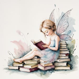 Clipart livre féerique lunatique, art livresque pour chambre d'enfant mignon, 15 téléchargements numériques, aquarelle imprimable, déco librairie pour enfants, pile de livres de fées
