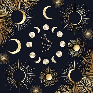 以下が含まれることがあります： 金色と黒色の天体模様で、月、星、太陽が描かれています。模様は濃い青色の背景に描かれています。