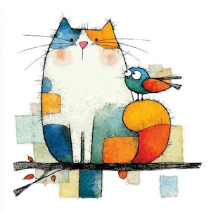 Puede incluir: Ilustración caprichosa de un gato blanco con manchas azules y naranjas, sentado en una rama con un pequeño pájaro azul y naranja posado en su espalda. El gato tiene una nariz rosa y largos bigotes. El fondo es una mezcla de colores pastel.