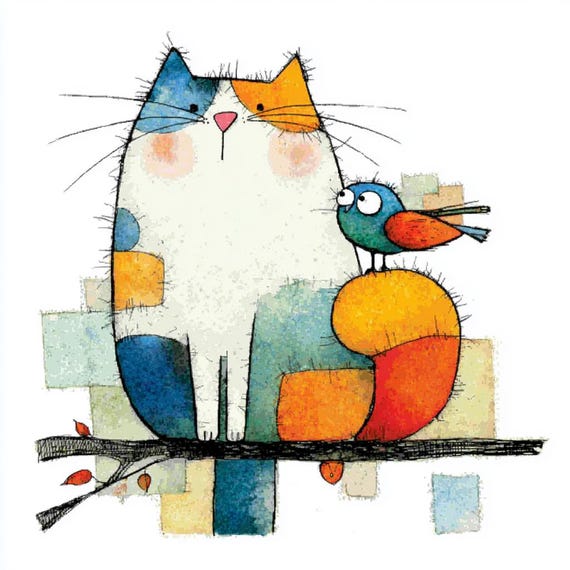 15 Abstract Cat Bird Clipart, Watercolor Spring Animals Printable, Digital Download