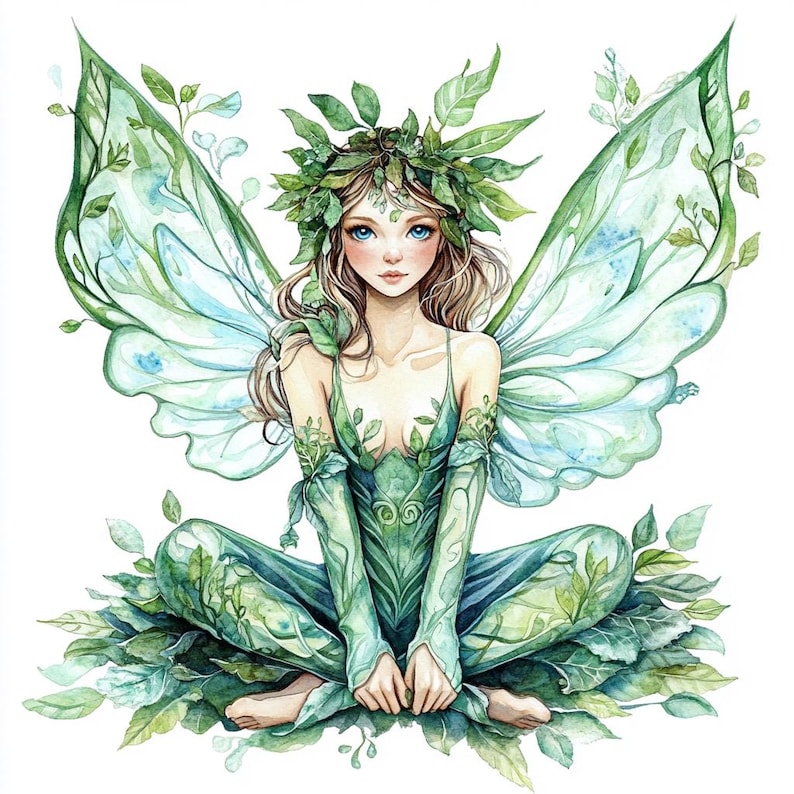 20 Watercolor Green Fairy Clipart: Forest Magic PNG Bundle (digital ...