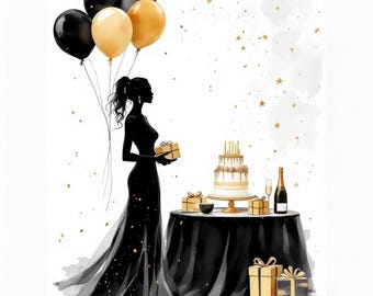 Birthday Girls Clipart: Watercolor Black Gold Balloons (Digital Download)