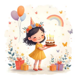 Célébration fantaisiste anniversaire fille Clipart, 12 jolies petites filles JPG, décoration de chambre d'enfant, téléchargement numérique pour une décoration de fête, art mural, travaux manuels