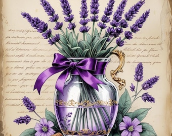 Clipart de acuarela de un jarrón de lavanda: flores moradas, arte vintage (descarga digital)