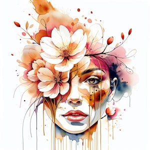 15 retratos de mujer con flores de cerezo, acuarela de sakura, ilustración floral femenina, decoración de pared bohemia, descarga digital, elegante arte lineal