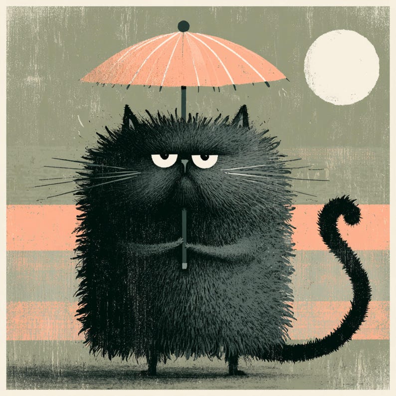 May include: A digitally illustrated image of a grumpy black cat holding a peach-coloured umbrella. The cat has a fluffy appearance, white eyes, and a curled tail. The background features horizontal stripes and a white circle.