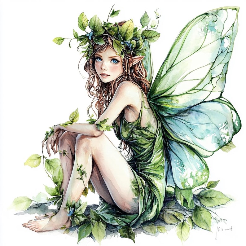 20 Watercolor Green Fairy Clipart: Forest Magic PNG Bundle (digital ...