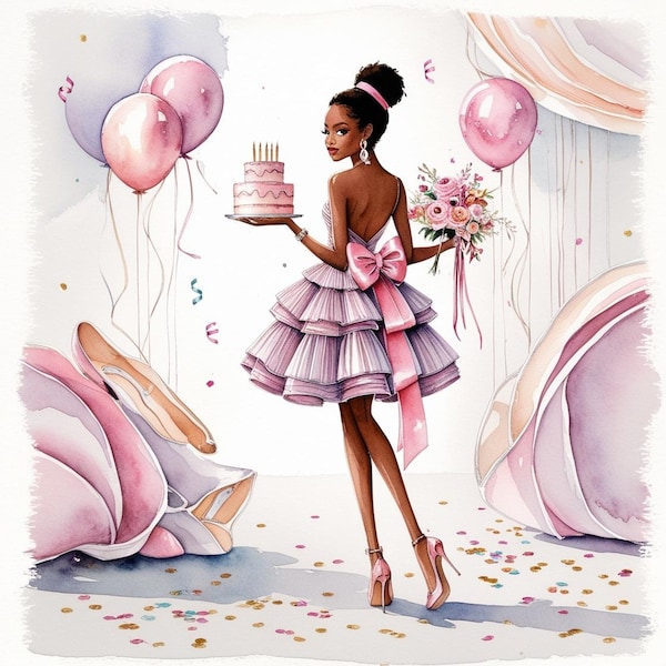 Clipart anniversaire fille, fête aquarelle, journal indésirable (téléchargement numérique)