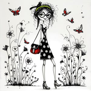 Papillon fantaisiste et clipart fashion girl, 10 fichiers JPG originaux en noir et blanc, téléchargement numérique pour le scrapbooking, art mural, création d'impression d'art