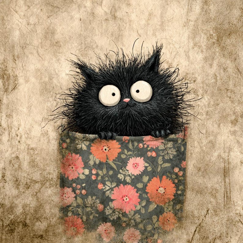 May include: A whimsical illustration of a fluffy black cat with large, wide eyes peeking out of a floral pocket. The pocket features a dark gray background with pink and orange flower patterns. The cat has a pink nose and a slightly messy appearance.