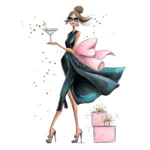 May include: Illustration of a woman in a teal dress with a large pink bow, holding a martini. She wears sunglasses and gold heels. Two pink gift boxes with gold accents are in the background. Gold confetti dots the background.