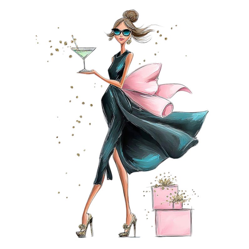 May include: Illustration of a woman in a teal dress with a large pink bow, holding a martini. She wears sunglasses and gold heels. Two pink gift boxes with gold accents are in the background. Gold confetti dots the background.