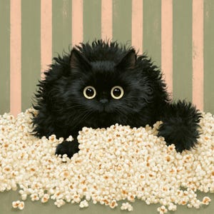 May include: A fluffy black cat with large yellow eyes peeks out from a pile of popcorn. The cat's fur is dark and textured, contrasting with the white popcorn. The background features vertical stripes in shades of green and pink.