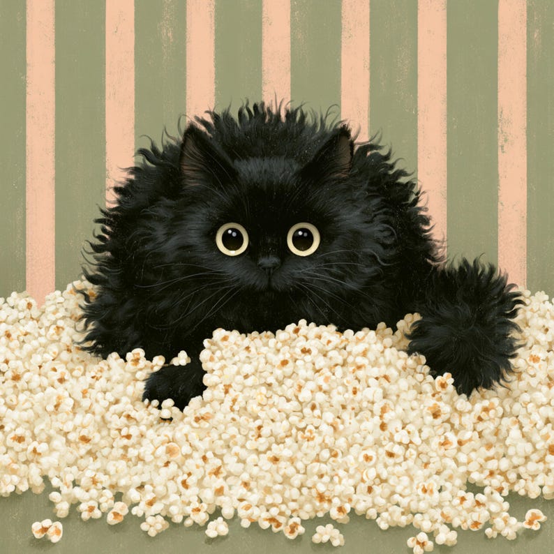 May include: A fluffy black cat with large yellow eyes peeks out from a pile of popcorn. The cat's fur is dark and textured, contrasting with the white popcorn. The background features vertical stripes in shades of green and pink.