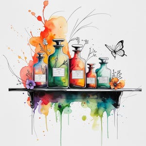 Puede incluir: Ilustración en acuarela de cinco botellas de vidrio decorativas con tapones negros sobre una estantería negra. Las botellas están llenas de líquidos coloridos y etiquetadas. También hay una mariposa y acentos florales.