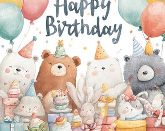 10 Happy Birthday Animal Clipart | Cute Watercolor Bear Bunny Party Printable | JPG Nursery Animals with Gifts, Balloons & Cake for Cards