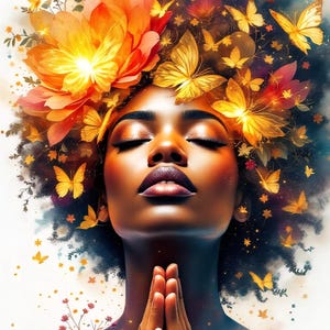 May include: Digital art portrait of a person with closed eyes, hands clasped in prayer, and a floral and butterfly crown. The artwork features warm tones of orange, yellow, and gold, with a dark background.